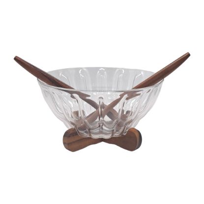 Picture of Billi Glass Salad Bowl with Wood Crasle & Servers 